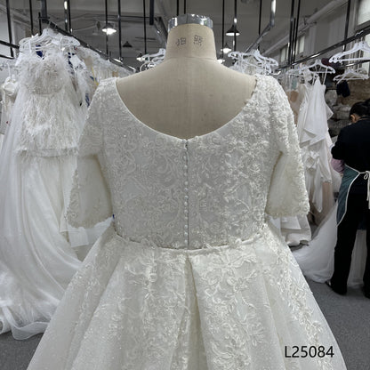 New Gentle and Elegant A-Line Long-Sleeved Round Neck High-End Lace Embroidered Floor-Length Puffy Wedding Dress