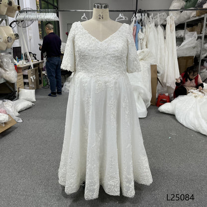 New Gentle and Elegant A-Line Long-Sleeved Round Neck High-End Lace Embroidered Floor-Length Puffy Wedding Dress