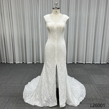 QUEENS GOWN Elegant Mermaid Sleeveless Deep v Slit Embroidery Lace With Big Train Sexy Backless Wedding Dress for Bride