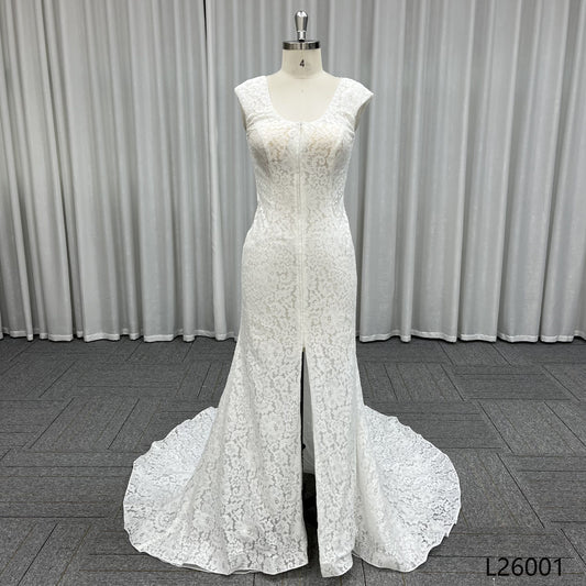 QUEENS GOWN Elegant Mermaid Sleeveless Deep v Slit Embroidery Lace With Big Train Sexy Backless Wedding Dress for Bride