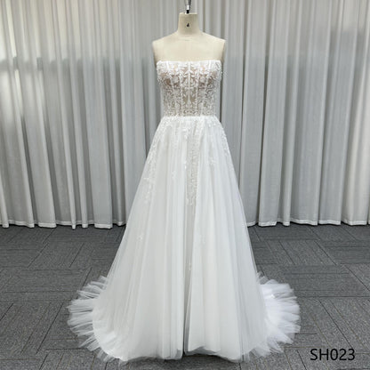 A-Line Wedding Dress 2026 BOHO Strapless Beading Appliques Gown Shining Tulle Real Photos Vestidos De Novia