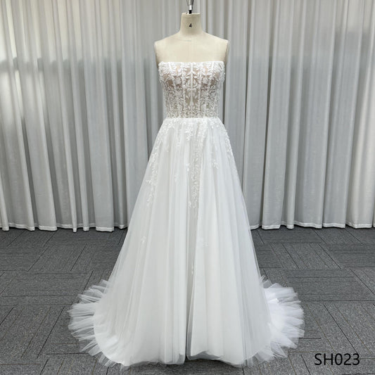A-Line Wedding Dress 2026 BOHO Strapless Beading Appliques Gown Shining Tulle Real Photos Vestidos De Novia（副本）
