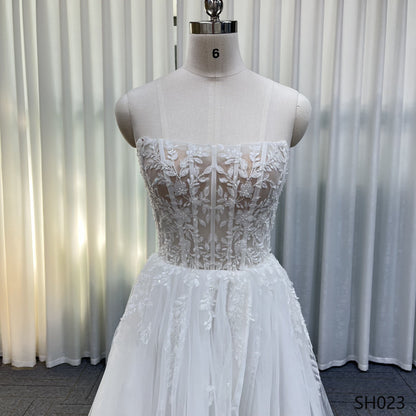 A-Line Wedding Dress 2026 BOHO Strapless Beading Appliques Gown Shining Tulle Real Photos Vestidos De Novia