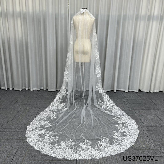 Custom Made Long Bride Veil Comb One Layer 3D Lace Appliques Ivory Tulle Bridal Veils for Wedding