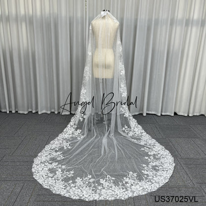 Custom Made Long Bride Veil Comb One Layer 3D Lace Appliques Ivory Tulle Bridal Veils for Wedding