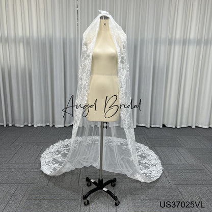 Custom Made Long Bride Veil Comb One Layer 3D Lace Appliques Ivory Tulle Bridal Veils for Wedding