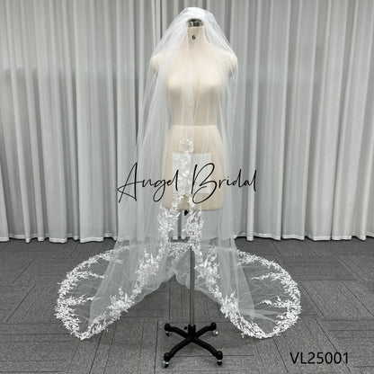 QUEENS GOWN New Elegant Embroidery Lace Trim Wedding Veil 3m Long Singler Layer Fancy Sequin Lace Bridal Veil With Comb