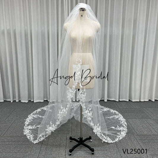 QUEENS GOWN New Elegant Embroidery Lace Trim Wedding Veil 3m Long Singler Layer Fancy Sequin Lace Bridal Veil With Comb