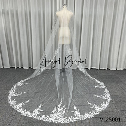 QUEENS GOWN New Elegant Embroidery Lace Trim Wedding Veil 3m Long Singler Layer Fancy Sequin Lace Bridal Veil With Comb