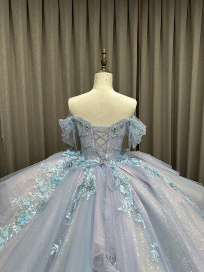 Blue Shiny Princess Quinceanera Dresses Off Shoulder Appliques Lace Ball Gown Long Sleeve Sweet 16 Dresses