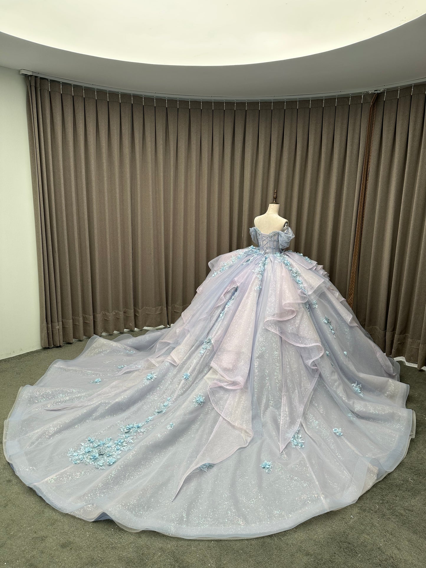 Blue Shiny Princess Quinceanera Dresses Off Shoulder Appliques Lace Ball Gown Long Sleeve Sweet 16 Dresses