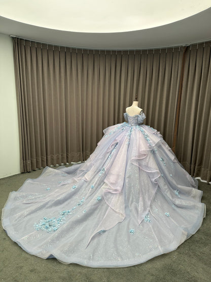 Blue Shiny Princess Quinceanera Dresses Off Shoulder Appliques Lace Ball Gown Long Sleeve Sweet 16 Dresses