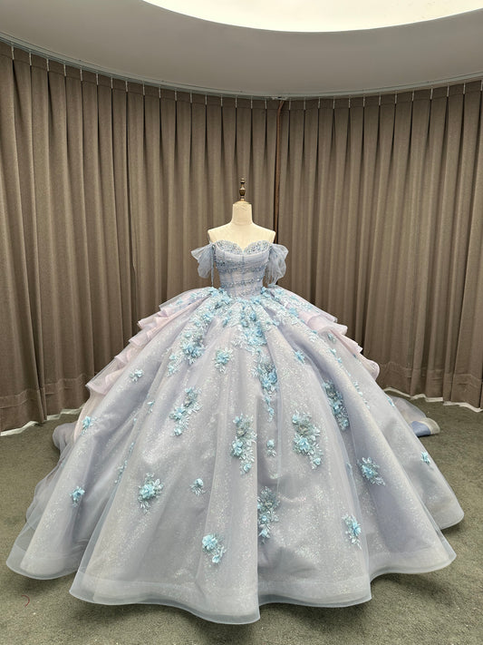 Blue Shiny Princess Quinceanera Dresses Off Shoulder Appliques Lace Ball Gown Long Sleeve Sweet 16 Dresses