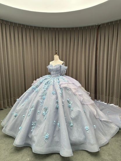 Blue Shiny Princess Quinceanera Dresses Off Shoulder Appliques Lace Ball Gown Long Sleeve Sweet 16 Dresses